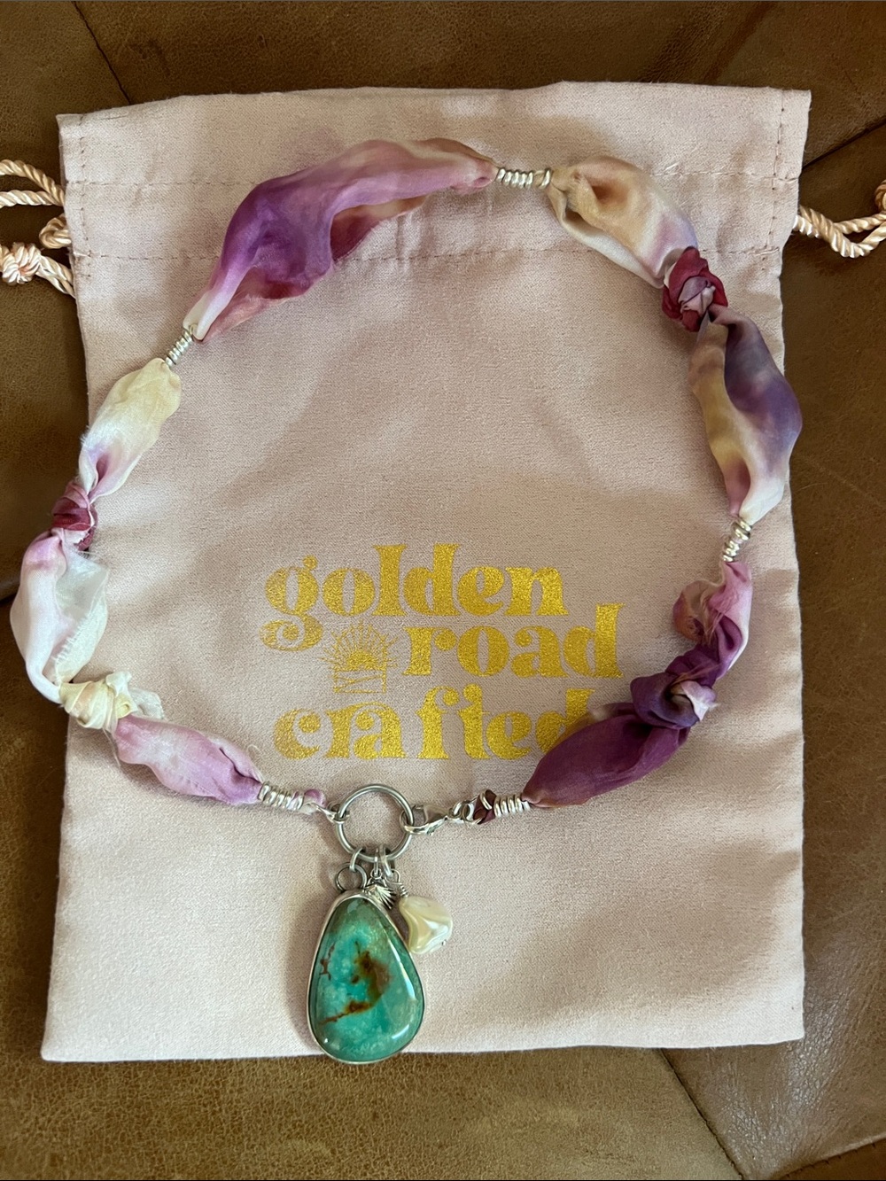 Golden Road Crafted Sterling Turquoise Pearl and Silk Charm Necklace